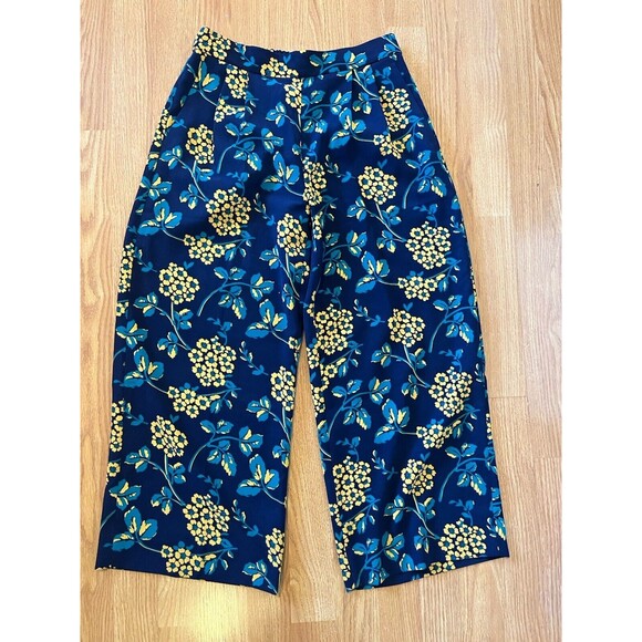 J Crew Navy Floral Print High Waist Wide Leg Cropped Pull On Pants Size 2 - Picture 4 of 11